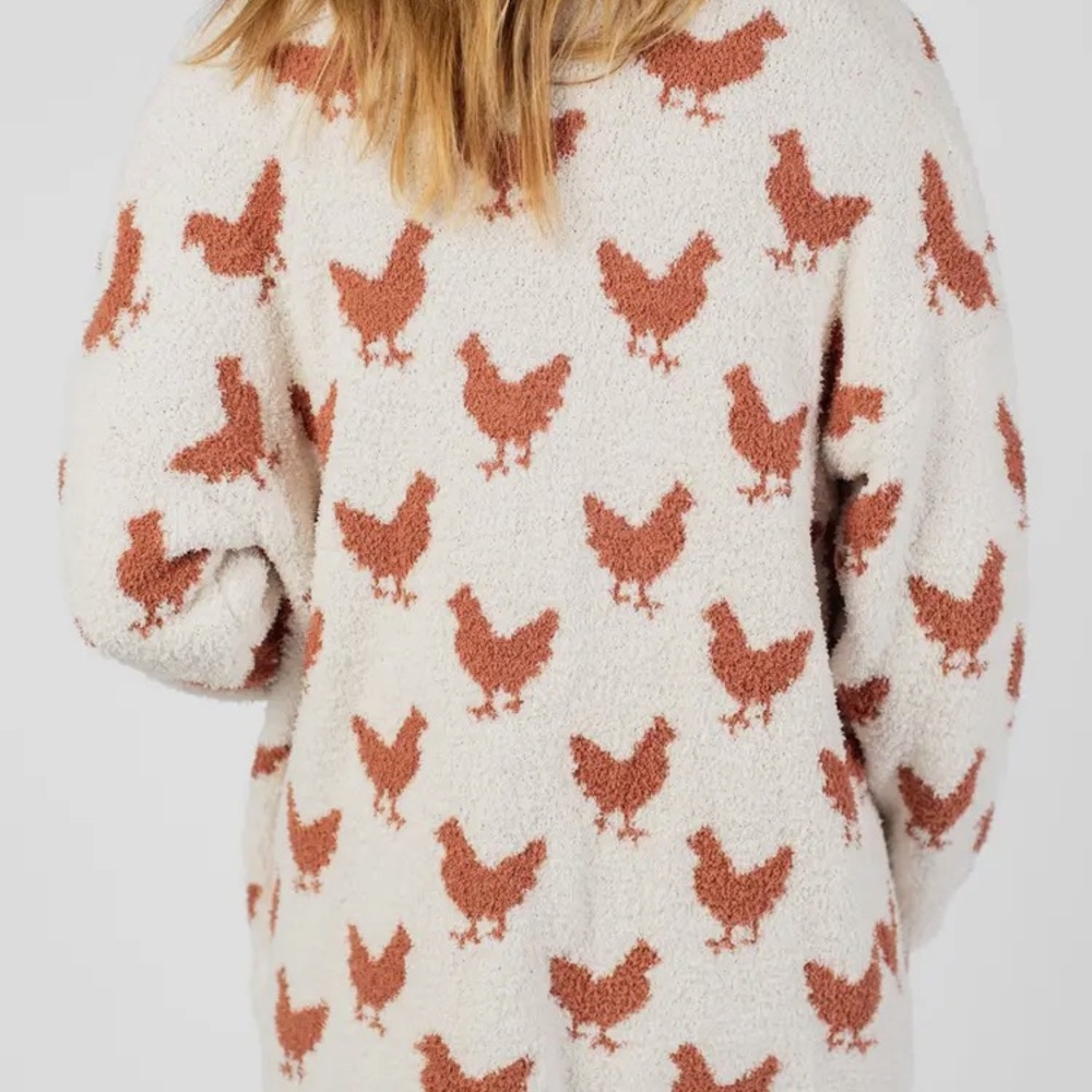 Super Soft Cream and Brown Chicken Pattern Sweater - Picture 2 of 3